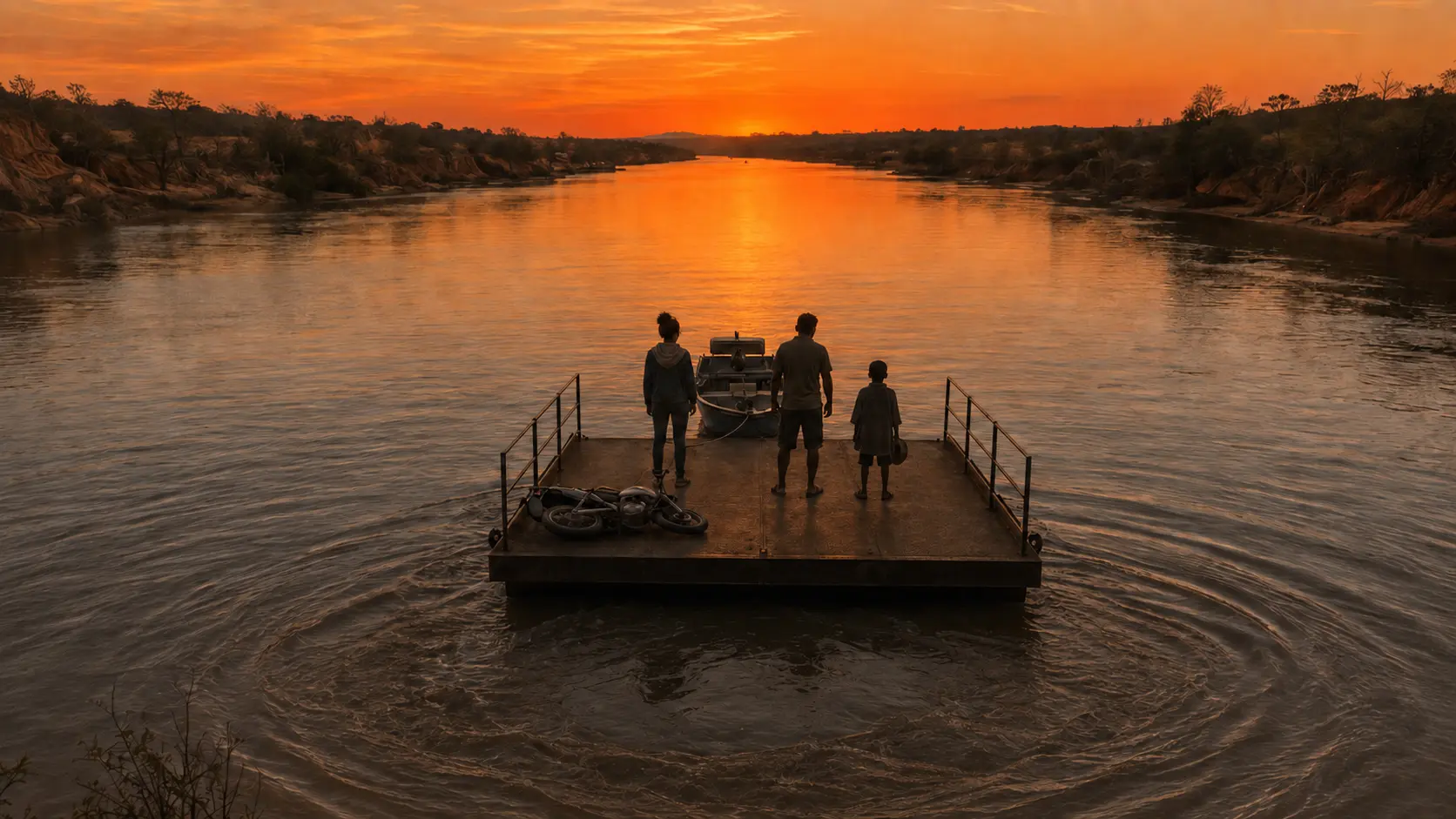 Três figuras atravessando o rio ao pôr do sol